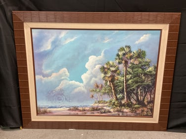 Framed Beach Scene Painting with Palm Trees