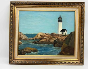 Lighthouse Seascape Signed Rose