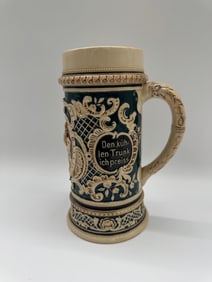 Vintage German-Style Beer Stein “Den kühlen Trunk ich preiss,?? Cobalt & Cream Relief