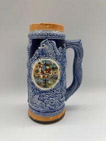 Vintage German Souvenir Beer Stein with Town Crest Medallion, Blue Relief Decor