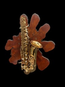 Decorative Saxophone on Natural Wood Slab