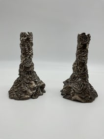 Pair of Ornate Rose Motif Metal Candle Holders