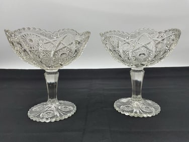 Pair of Pressed Glass Compote Dishes with Daisy and Button Pattern