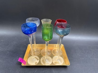 Set of Six Vintage Colored Stemmed Cordial Glasses with Tray