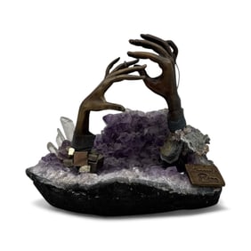 Amethyst Geode Sculpture with Bronze Hands