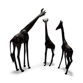 Three African Hand Carved Wooden Giraffe Sculptures