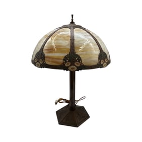 Slag Glass Table Lamp with Floral and Oak Leaf Design