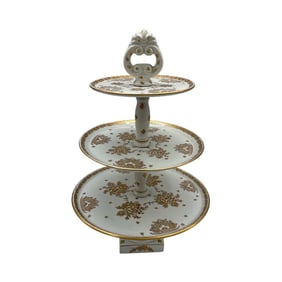 French Hand Painted Three-Tier Porcelain Dessert Stand with Gold Trim