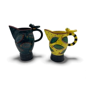Pair of Whimsical Ceramic Pitchers with Bird Handles