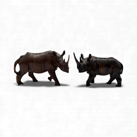 Pair of Carved Wooden Rhinoceros Figures