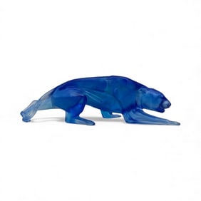 Weinman Blue Glass Panther Sculpture, Pate De Verre
