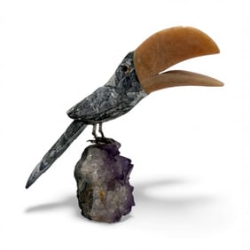 Stone Toucan Sculpture on Amethyst Base