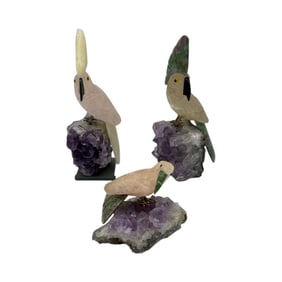 Three Stone Bird Sculptures on Amethyst Bases
