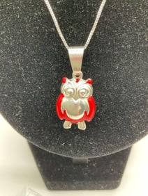 Sterling Silver 925 Owl Pendant with Red Enamel on Chain