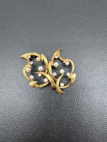 Vintage Gold Tone Leaf Brooch with Faux Pearls and Rhinestones