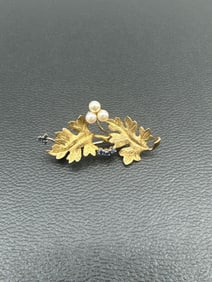 Vintage Gold Tone Leaf Brooch with Faux Pearls and Blue Rhinestones