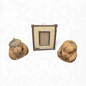 Set of Two Coconut Monkey Figurines with Matching Picture Frame