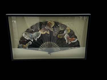 Hand-Painted Butterfly Motif Decorative Fan in Shadow Box, Signed Ronot V. Tutin