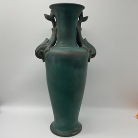 Large Green Pottery Vase with Dolphin Handles