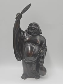 Cast Iron Statue of Hotei (Laughing Buddha) Holding Fan and Gourd