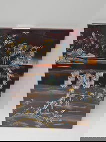 Asian Lacquer Panel with Inlaid Mother-of-Pearl Scene