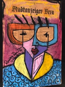 EXTREMELY RARE "Swiss Lady" by Romero Britto (Brazil, b.1963) Acrylic on Newspaper