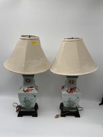 Pair of Asian Porcelain Table Lamps with Koi Fish Motif and Floral Decoration, 27