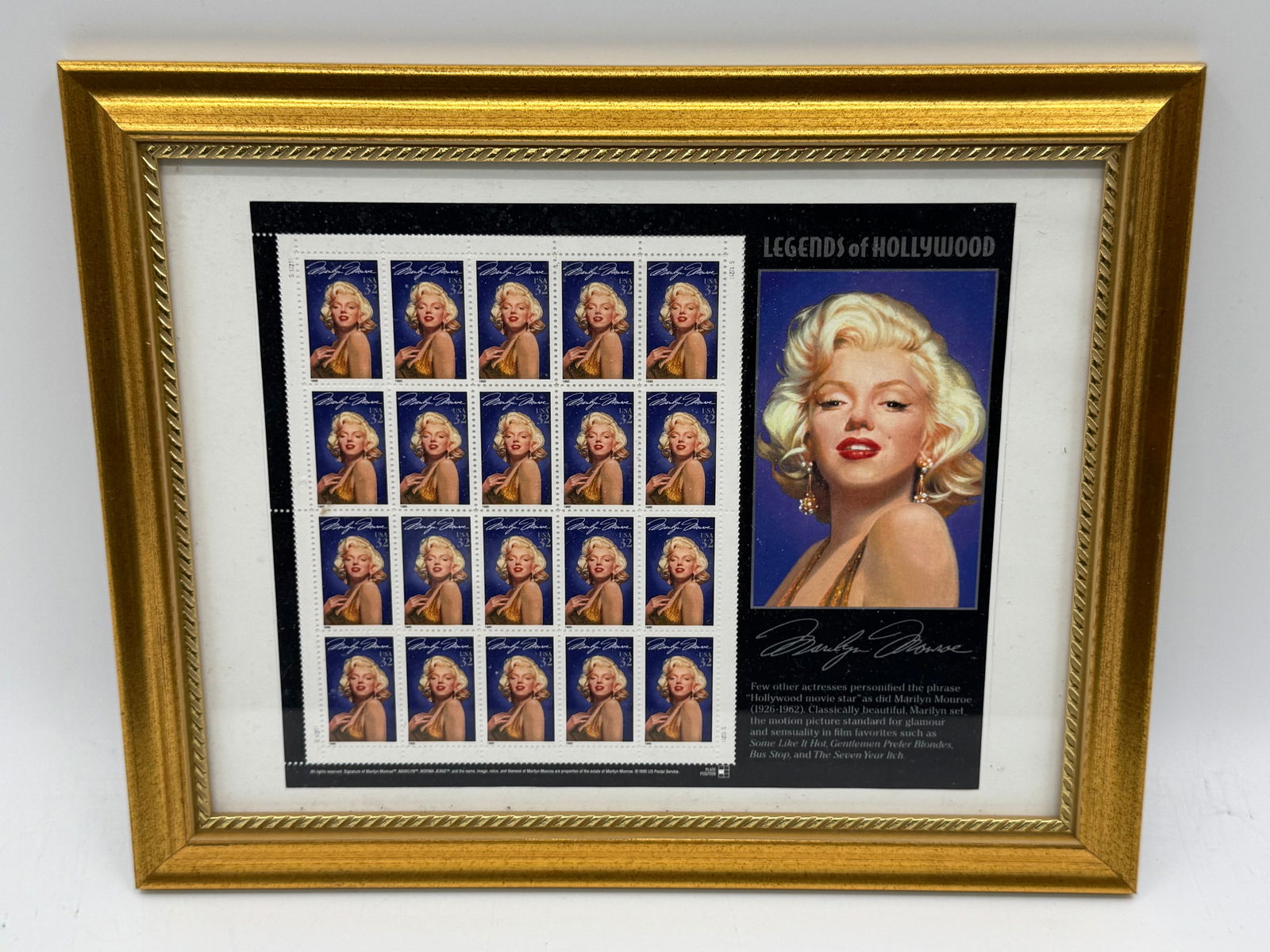 Framed Marilyn Monroe “Legends of Hollywood?? U.S. Postage Stamp Sheet Display, Classic Hollywood (1 of 3)