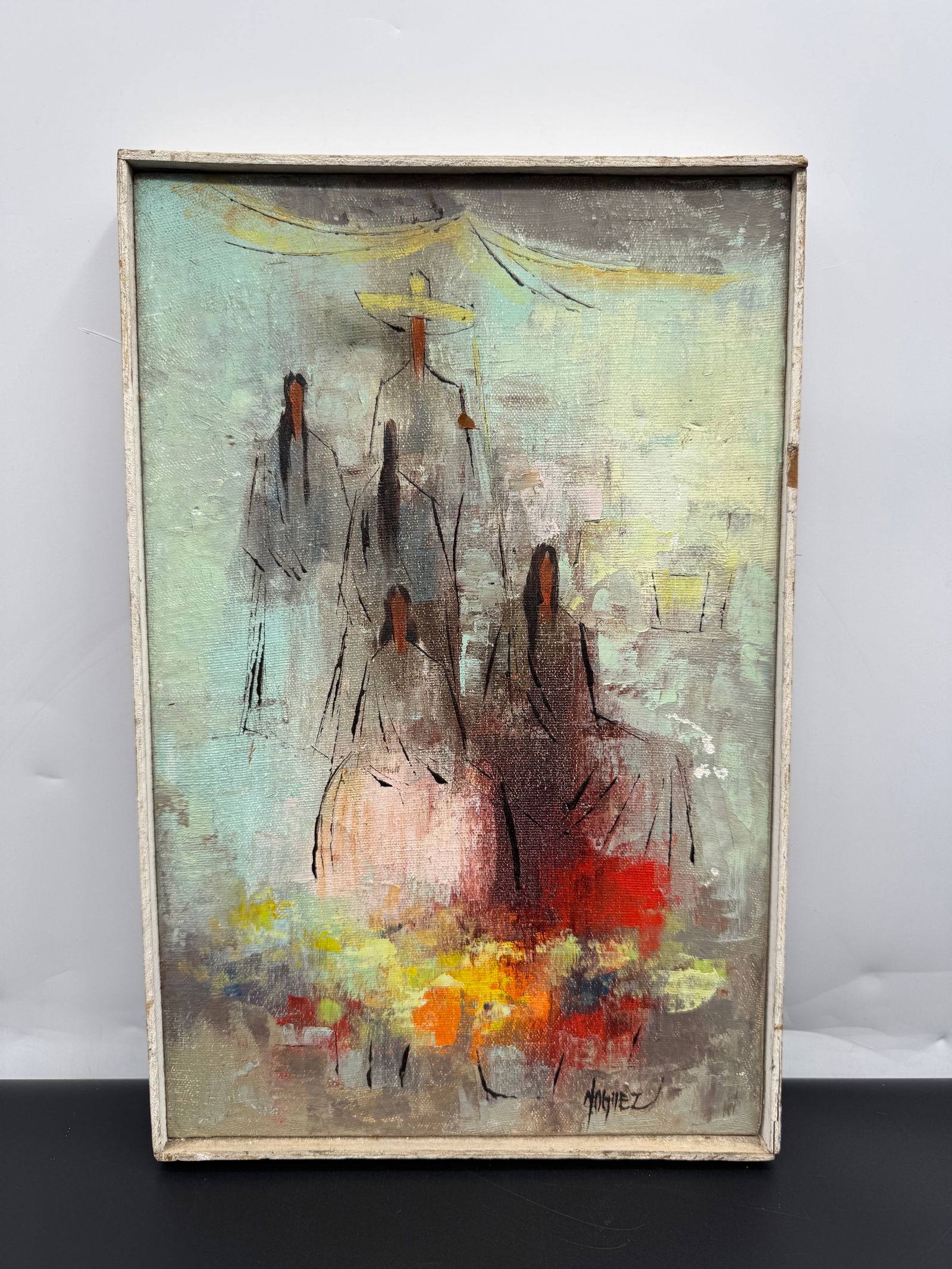 Juan Noguez, Mexican 20th C Abstract Figurative Painting, Signed Modern Expressionist Work, 15 x 10 (1 of 3)