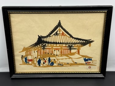 Japanese Print of Festival Pavilion, Signed Kunio, Dated 1963 – Framed Mid-Century Art