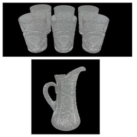 Cut Glass Tumblers (6) and Pitcher Set