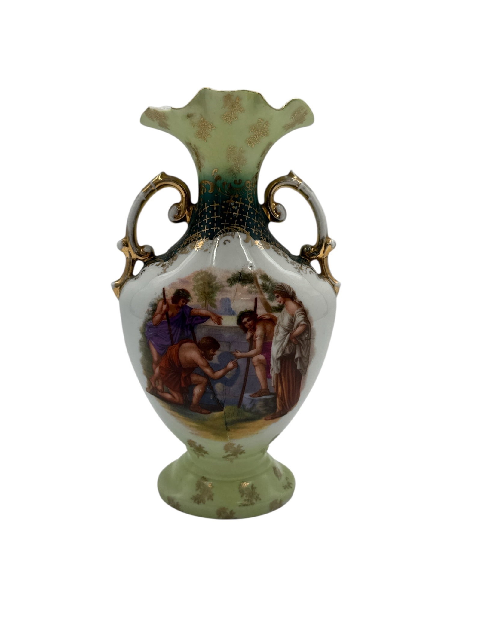Victoria Austria Porcelain Vase with Biblical Scene: Victoria Austria porcelain vase, featuring a biblical scene on one side and floral decoration on the other. Gilt accents and handles. Marked on the base. Dimensions: H: 8 in, W: 4 in.