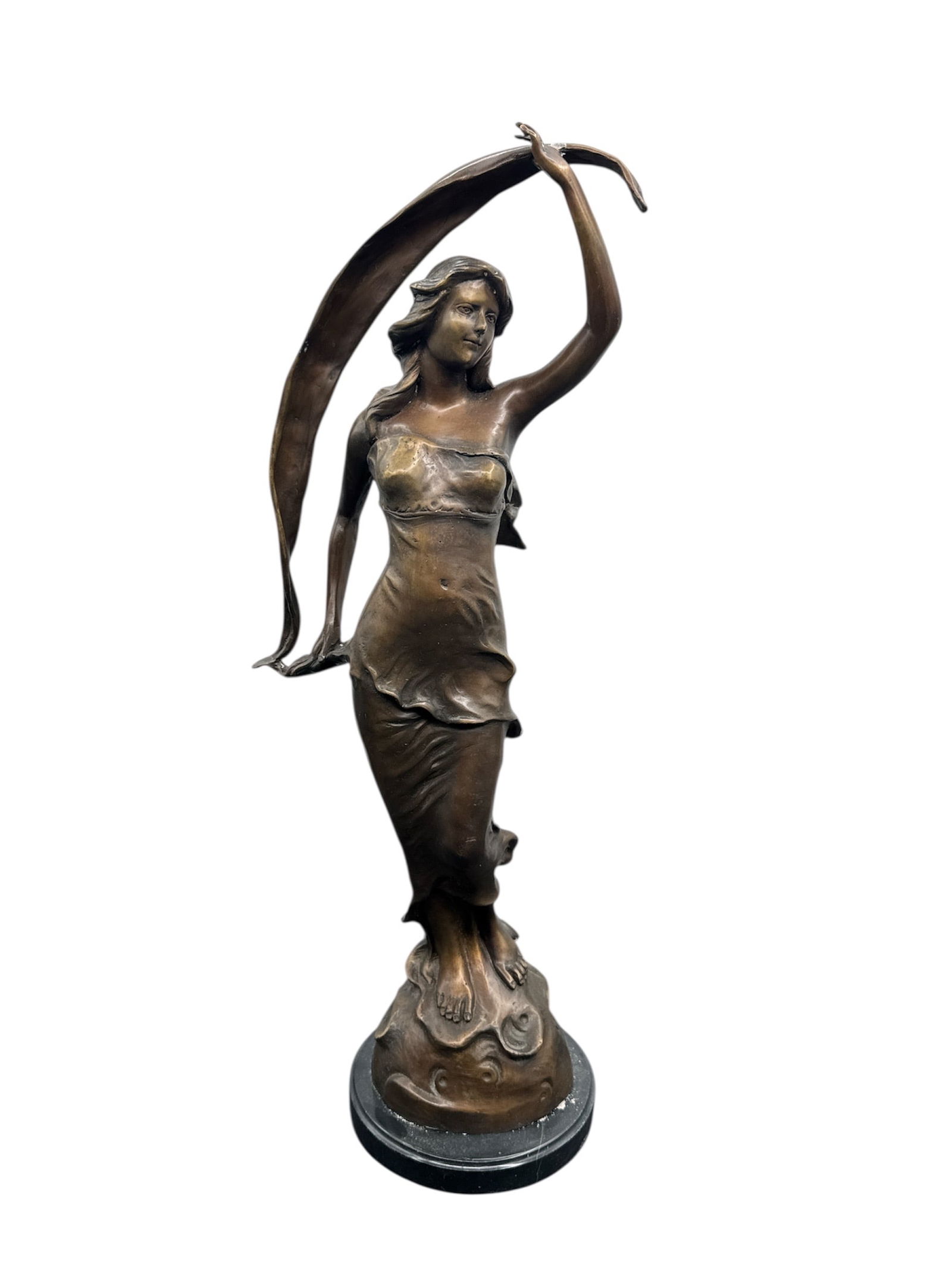 Bronze Sculpture of Woman with Scarf: Bronze sculpture of a woman holding a scarf aloft, signed 'G. Mancini' on the base. Mounted on a black marble base. Dimensions: H: 26 in, L: 10 in, W: 7 in.