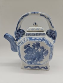 Blue and White Floral Ceramic Teapot Wall Pocket
