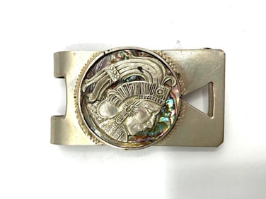 Mexican Sterling Silver Money Clip with Aztec Warrior Inlay