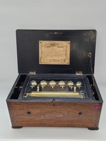 Antique Cylinder Music Box, Inlaid Wood Case