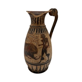 Attic Greek Black-Figure Oinochoe with Hero & Bull Scene, Archaic Period, 6th Century B.C.