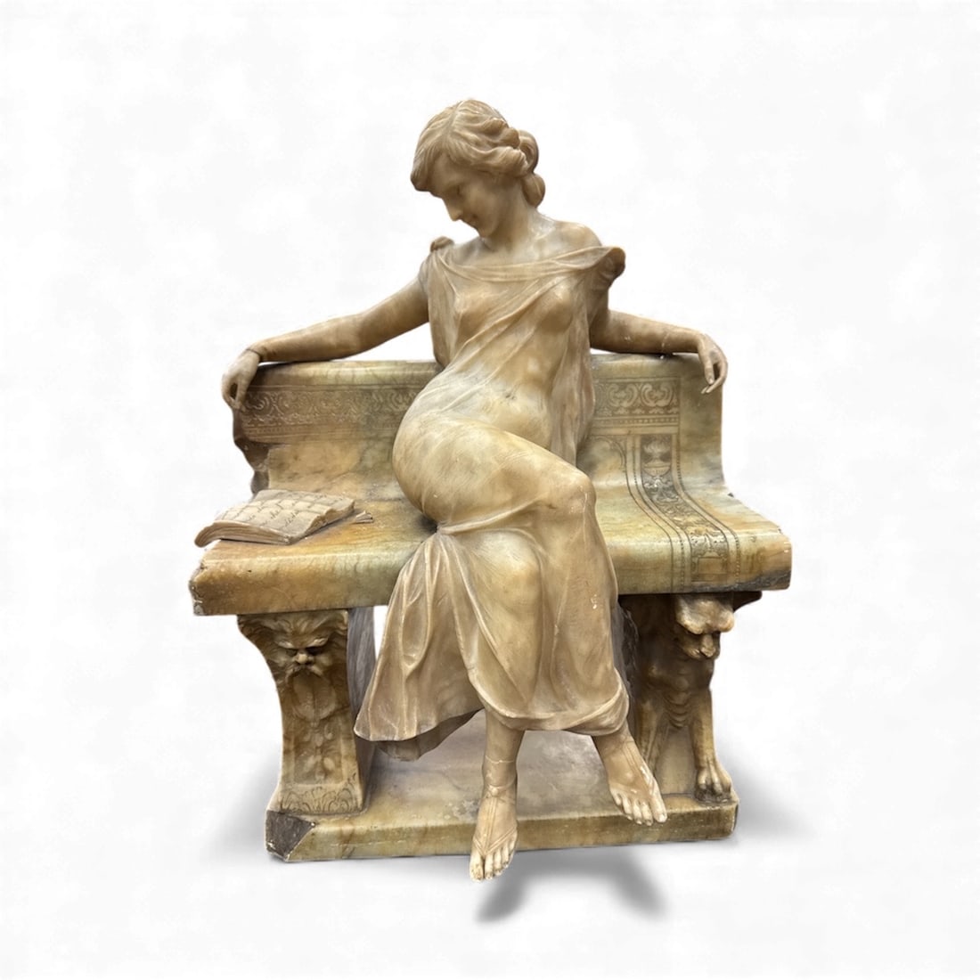 P.E. Fiaschi (Italian) Carved Alabaster Sculpture of Woman Seated on Classical Bench, with Book, (1 of 5)