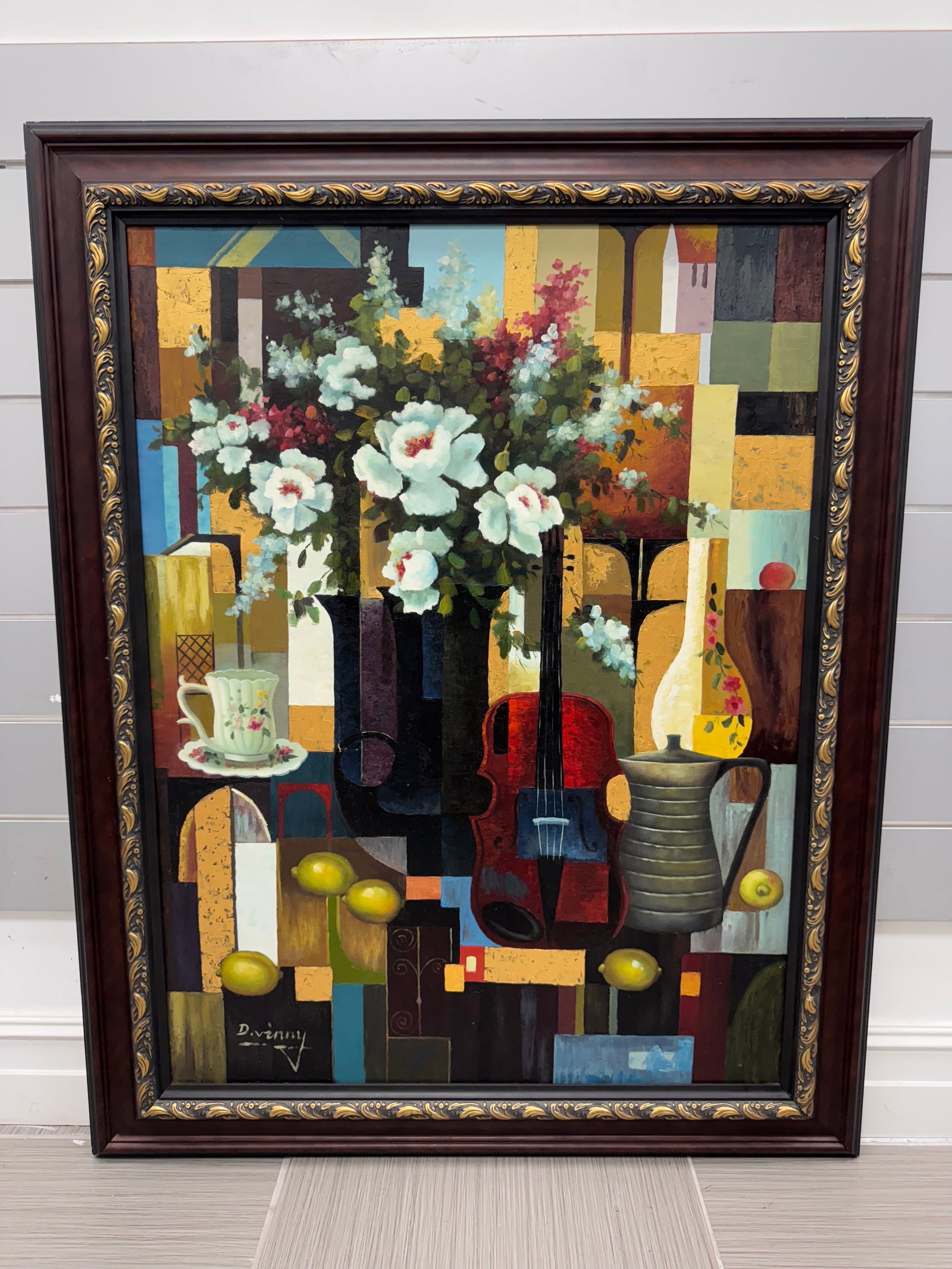 Still Life with Instruments, Oil on Canvas, Signed: Oil on canvas still life depicting musical instruments, flowers, and fruit in a cubist style. Signed lower left. Framed. Canvas size approximately 46 x 57.5 inches.