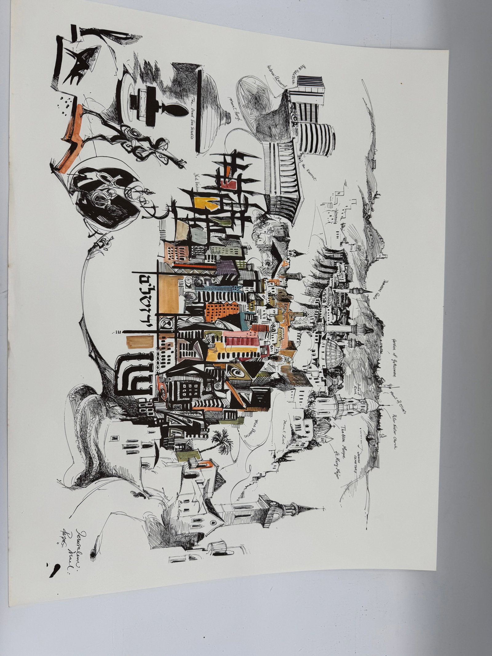Jerusalem Israel by Papas: Expressive cityscape print of Jerusalem, Israel, featuring the city’s iconic architecture rendered in detailed ink work with touches of watercolor. The piece captures the layered history and spi