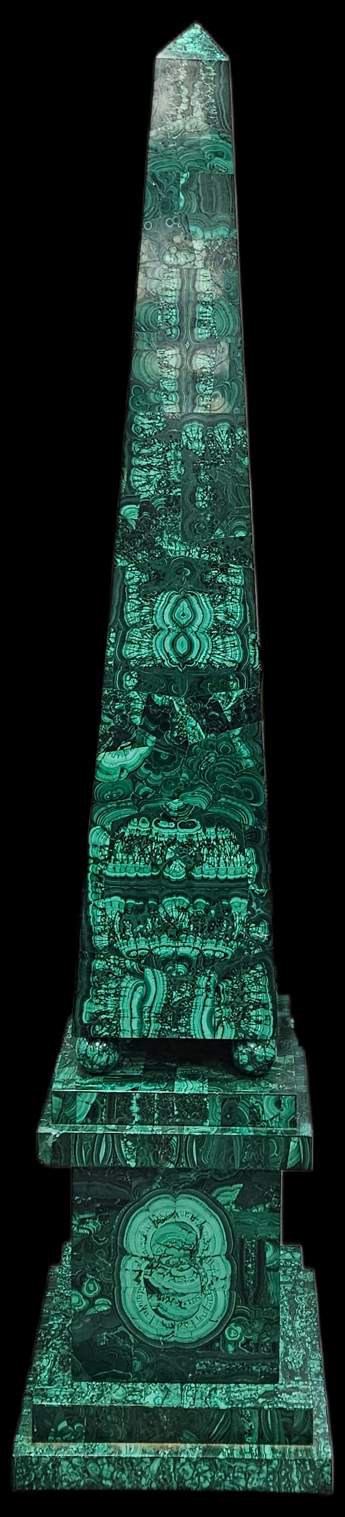 Large Malachite Obelisk: Impressive malachite obelisk, standing 7 ft 3 in high with a 19 x 19 inch base. Striking decorative piece.