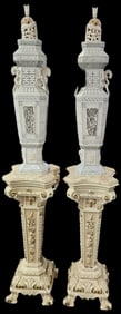 Pair of Ornate Carved  Pedestal Urns