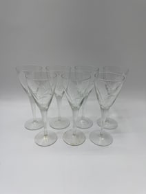 Set of Seven Etched Glass Wine Glasses