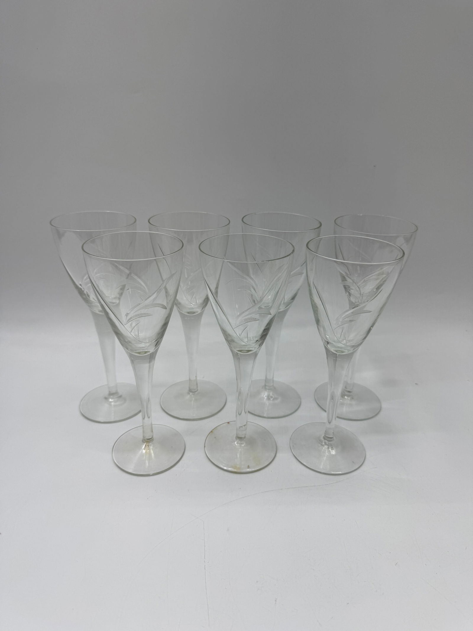 Set of Seven Etched Glass Wine Glasses (1 of 3)