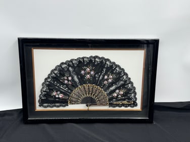 Framed Black Lace Fan with Floral Decoration