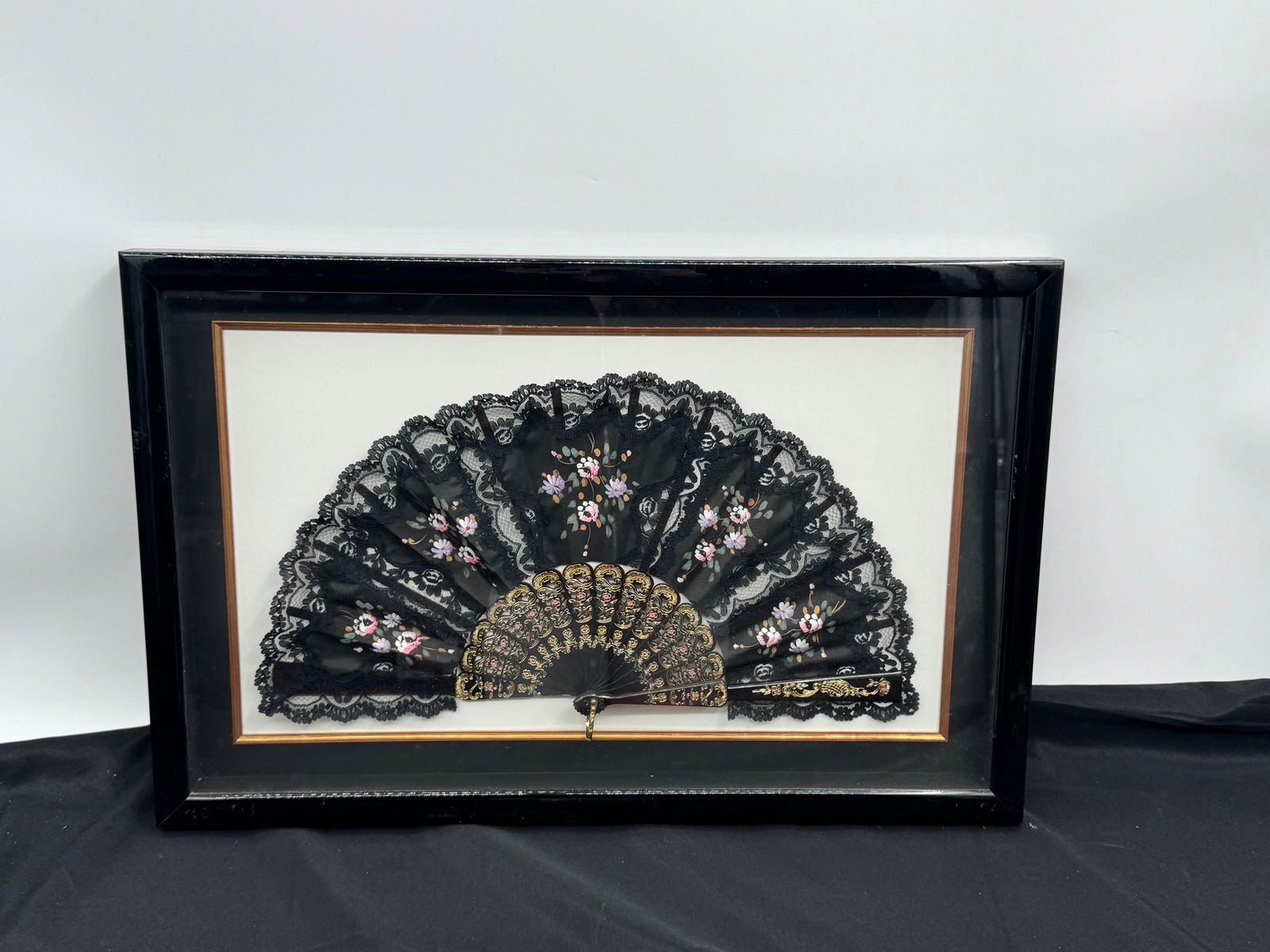 Framed Black Lace Fan with Floral Decoration (1 of 3)