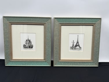 Pair of Framed Paris Landmark Ink Drawings, Signed