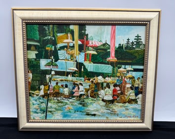 Sing Kiem, Balinese Scene, Oil on Canvas, Framed