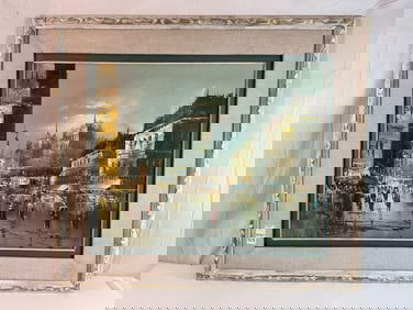 European Cityscape Oil Painting Signed "C. Furmam" in Vintage Frame