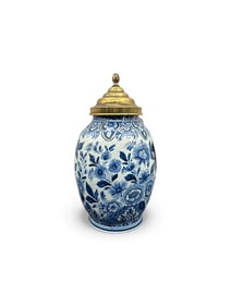 Blue and White Delft Floral Ceramic Jar with Lid
